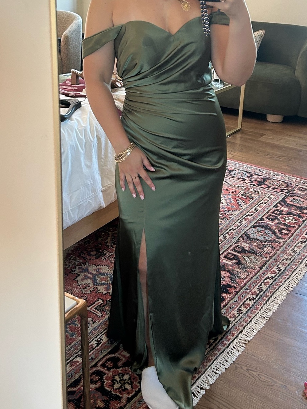 Revelry Olive Green Strapless Satin Evening Dress